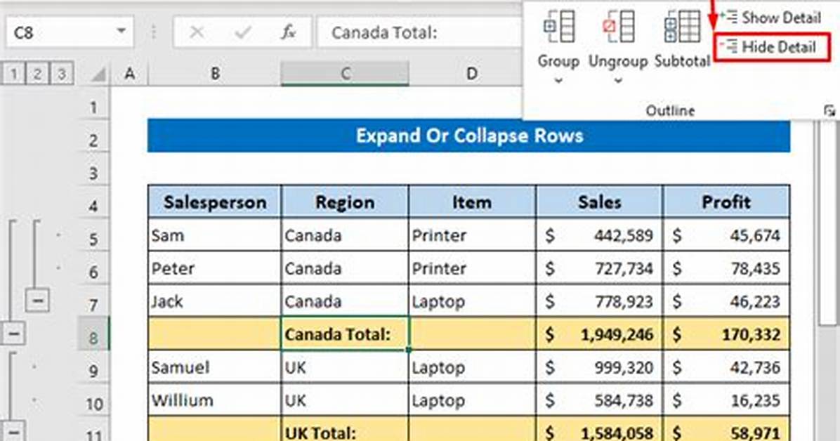 Excel Collapse Rows