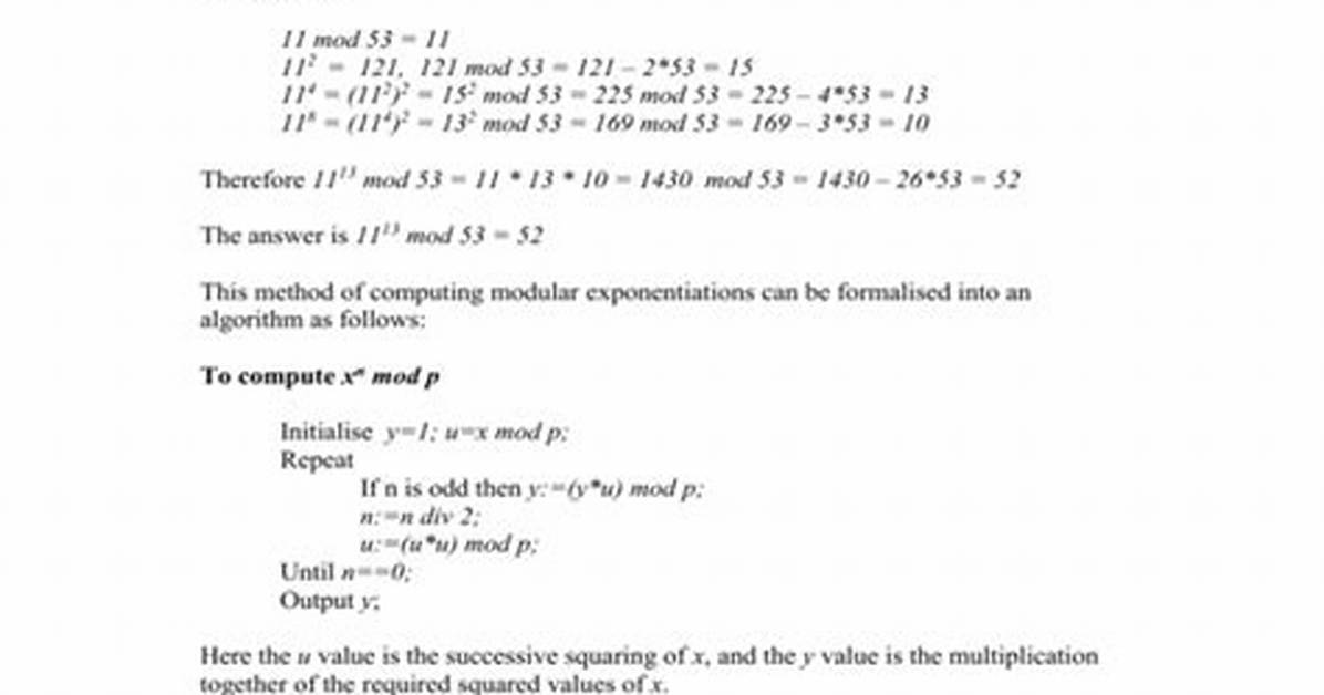 Modular Exponentiation 11^13 Mod 53