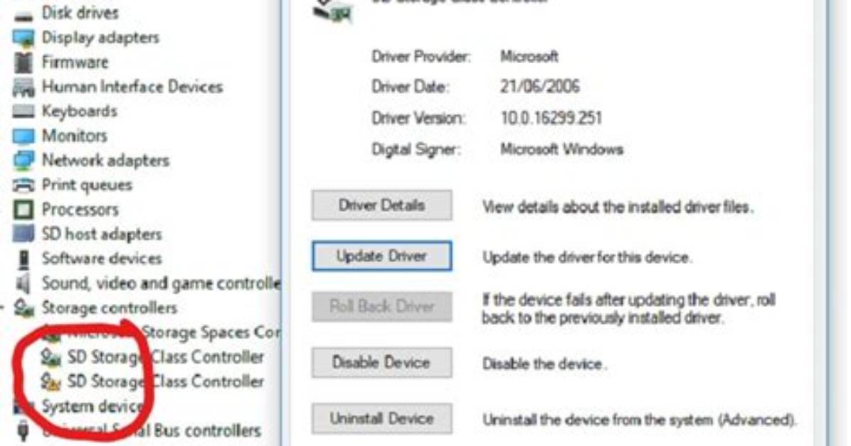 Sd Storage Class Controller Error (Code 10) on Windows 10 but Not Windows 7
