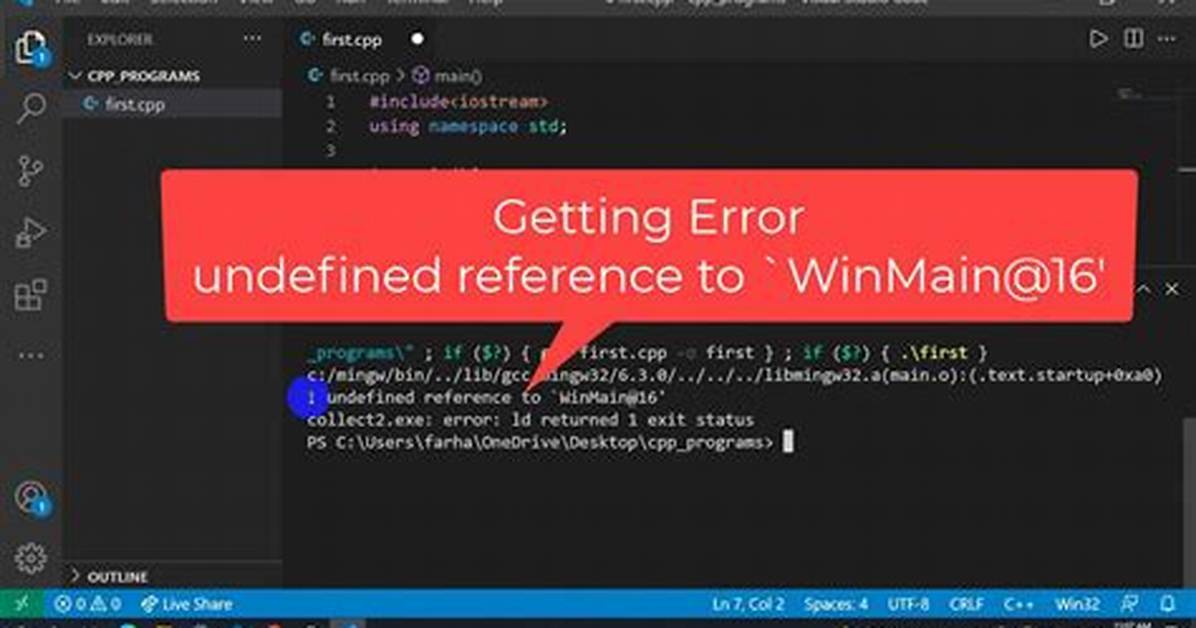 Visual Studio Code "Undefined Reference to `Winmain@16'"