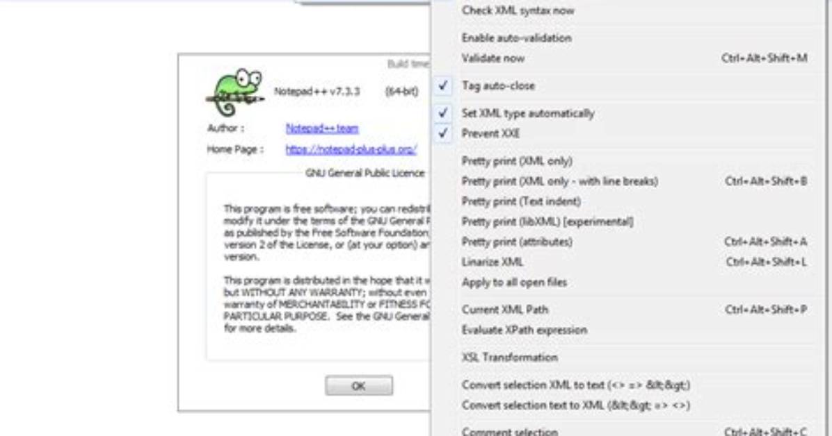 Xml Tools Plugin for Notepad++ 7.4